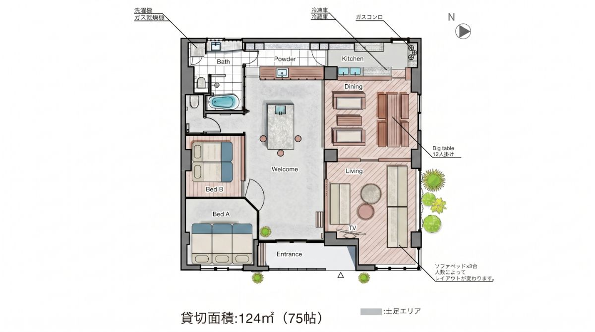 124㎡｜貸切りワンルーム+完全個室